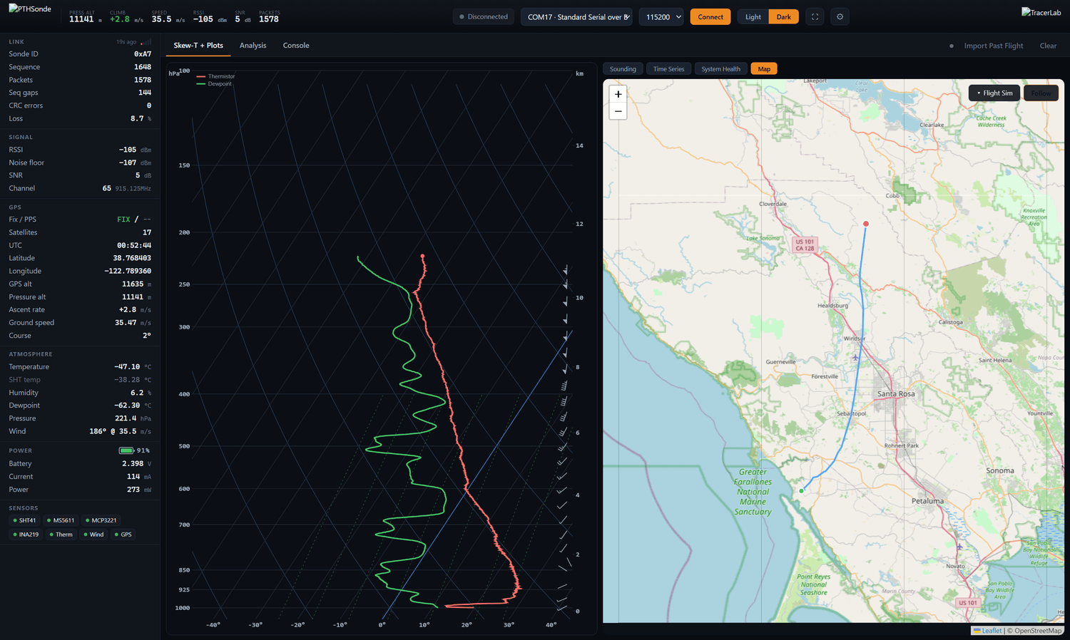 The live GPS map with the flight track